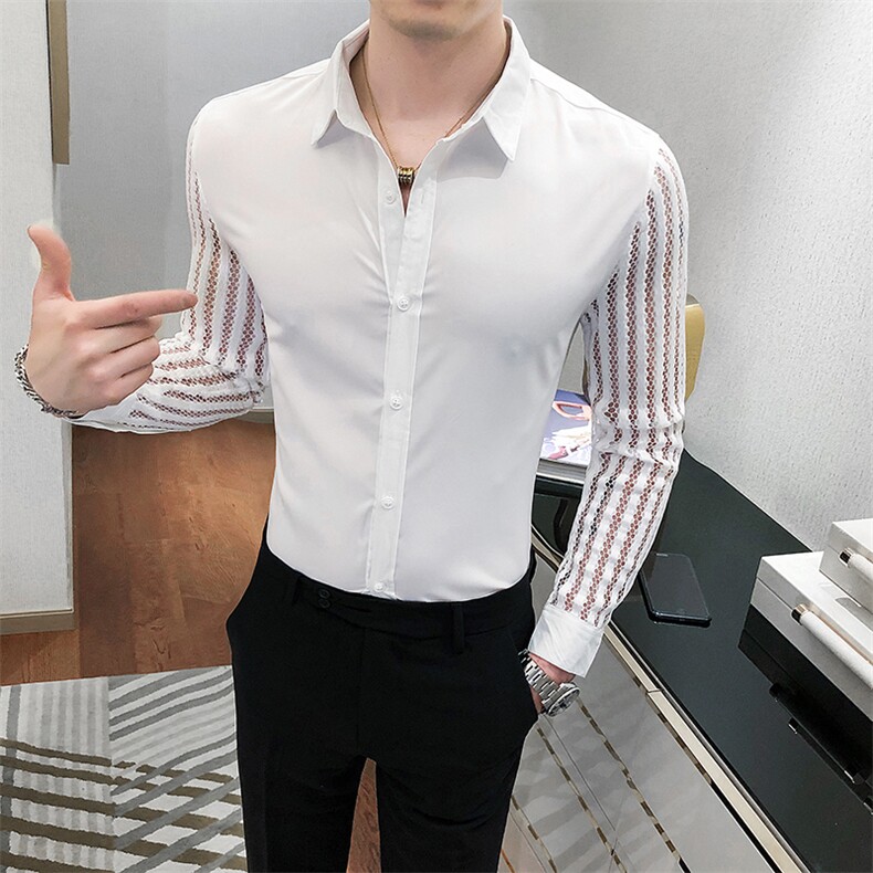 2021春秋男衬衫英伦长袖蕾丝拼接上衣韩版修身四季纯色衬衣C08特P40,男装衬衫,星座419（原A233）