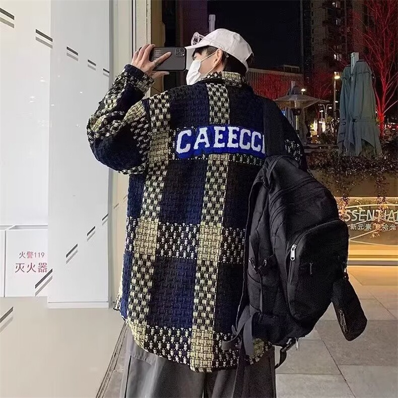编织格子小香风外套男秋冬胖子大码宽松高级感炸街男装轻熟风夹克,男装夹克,电商B323A