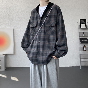 美式复古连帽格子衬衫大码磨毛长袖衬衣慵懒风宽松外套CS9007/P55图片