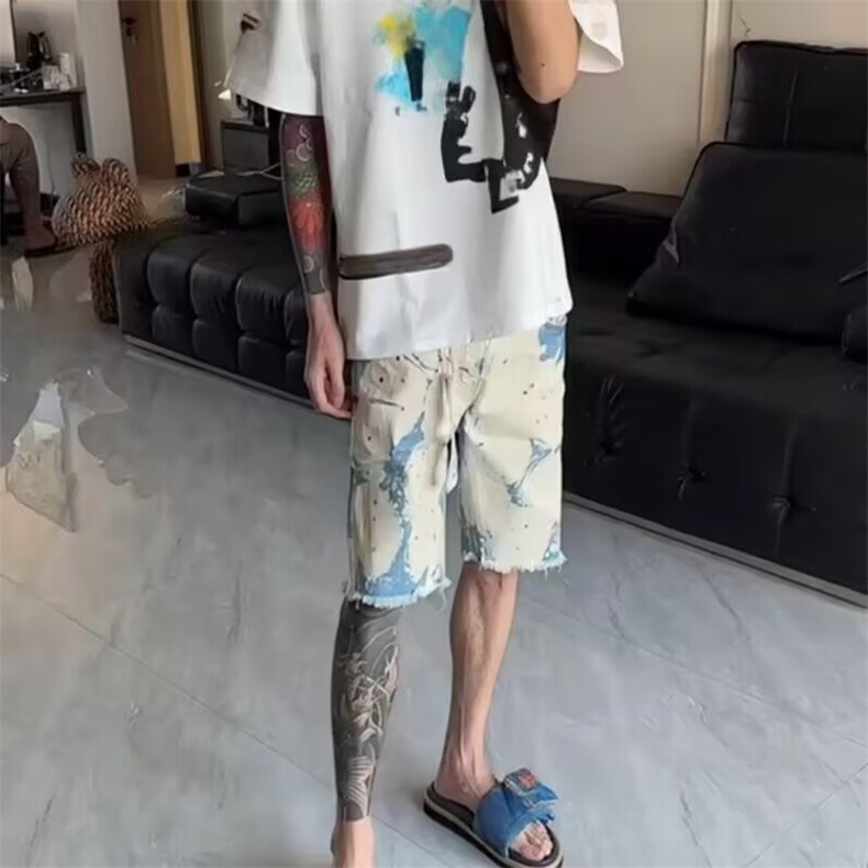 夏季新款美式短裤男潮牌设计感小众宽松青少年运动休闲五分裤子,男装牛仔裤,星座506A