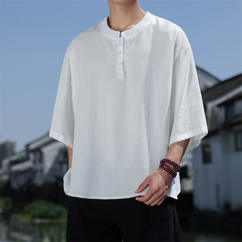 2025夏季风七分袖立领上衣盘扣休闲纯色T恤宽松大码T2510-P60,男装T恤,电商A008