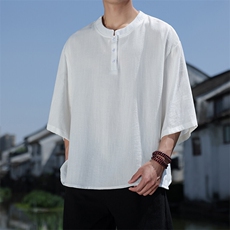 2025夏季风七分袖立领上衣盘扣休闲纯色T恤宽松大码T2510-P60，男装T恤，电商A008