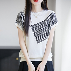 轻奢2025新款夏季天丝莱赛尔针织短袖T恤女宽松圆领斜纹打底上衣，女装针织衫/毛衣，唐诺