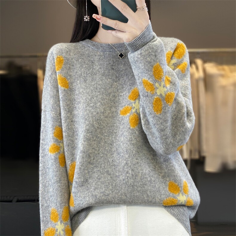 重磅刺绣钩花100%纯羊毛衫女圆领拼色加厚毛衣宽松打底羊绒衫上衣，女装羊毛衫，忠诺羊绒