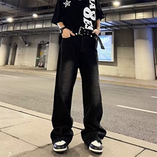 黑色微喇牛仔裤男高街hiphop裤子宽松直筒+腰带1001-1-5066-p45，男装牛仔裤，星座1001-1