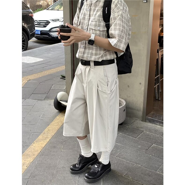 日系复古白色七分裤潮牌街头夏季宽松马裤男女休闲设计感工装短裤,男装牛仔裤,星座506A