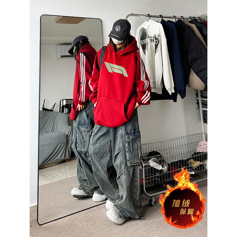 抖音得物供货提供视频秋冬重磅美式宽松织带连帽卫衣0601,男装卫衣,电商A486