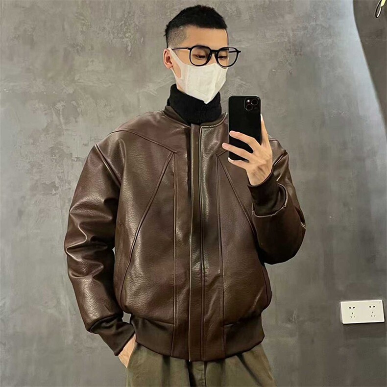 抖音得物高品质美式高街复古老钱风PU皮夹克外套男女短款机车皮衣，男装夹克，电商A486