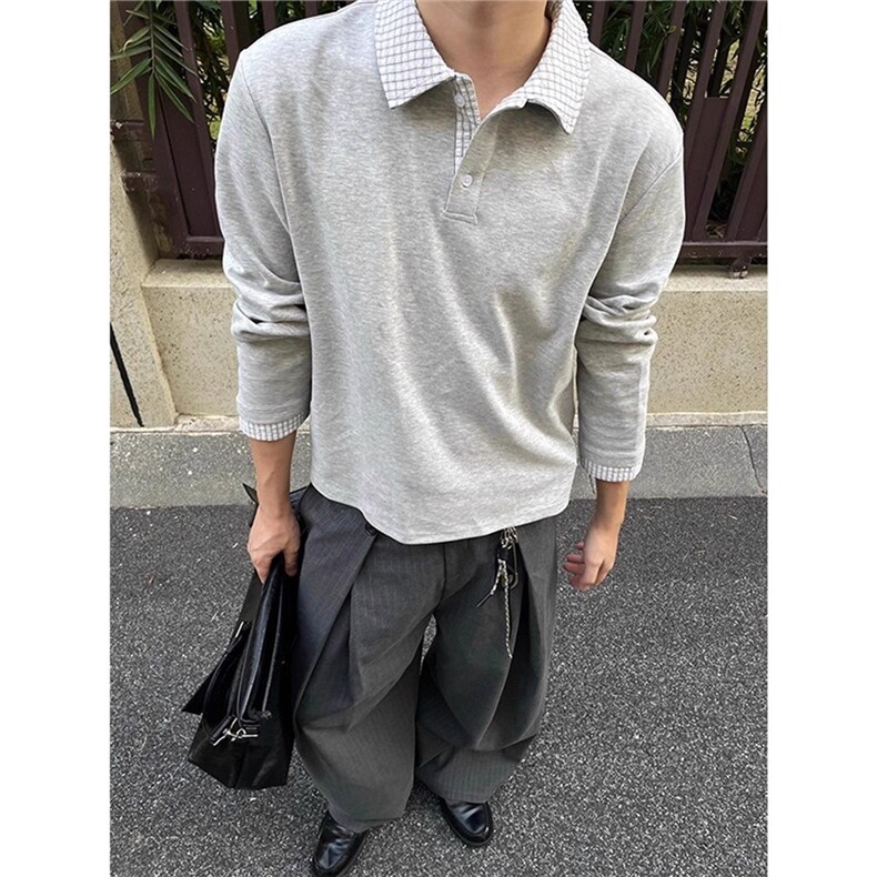 假两件polo衫长袖卫衣男秋季cleanfit格子拼接正肩卫衣T恤,男装T恤,星座410-6（原星座1304-1）