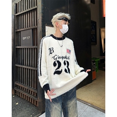 秋冬季美式潮牌字母提花水貂毛针织衫圆领宽松保暖慵懒风毛衣，男装针织衫/毛衣，星座410-7