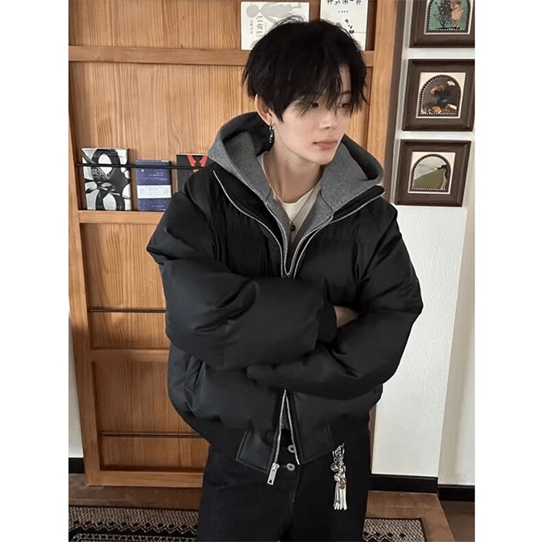 现货高品质重磅工艺美式高街假两件PU皮棉衣男女加厚棉服外套,男装棉衣,电商A486-1