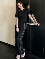 高级感时尚炸街阔腿裤套装女夏季新款洋气显瘦钉珠开叉上衣两件套，女装套装/套裙，江南