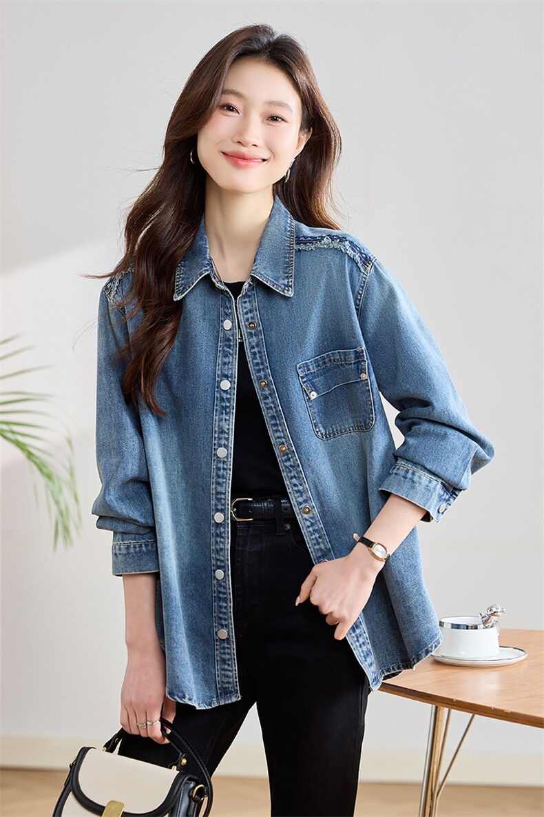 牛仔衬衫女春秋季2025新款高级感女士叠穿内搭上衣早春薄款外套,女装短外套,丽影随形
