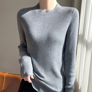 25春秋新款精纺羊毛衫女圆领坑条针织毛衣百搭显瘦宽松打底衫上衣，女装羊毛衫，总能电商供货