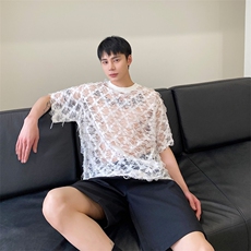 夏季男士新款圆领宽松小心机短袖镂空雕花T恤上衣潮A345-263-P60，男装T恤，电商A345