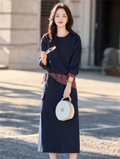 黑色格子拼接学院风套装裙女2025秋季新款休闲卫衣半身长裙两件套，女装套装/套裙，芭米依尚