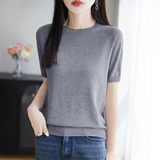 2025夏新款圆领短袖针织衫女宽松显瘦纯色薄t恤小衫简约百搭上衣，女装T恤，暖烁特种纱工厂店
