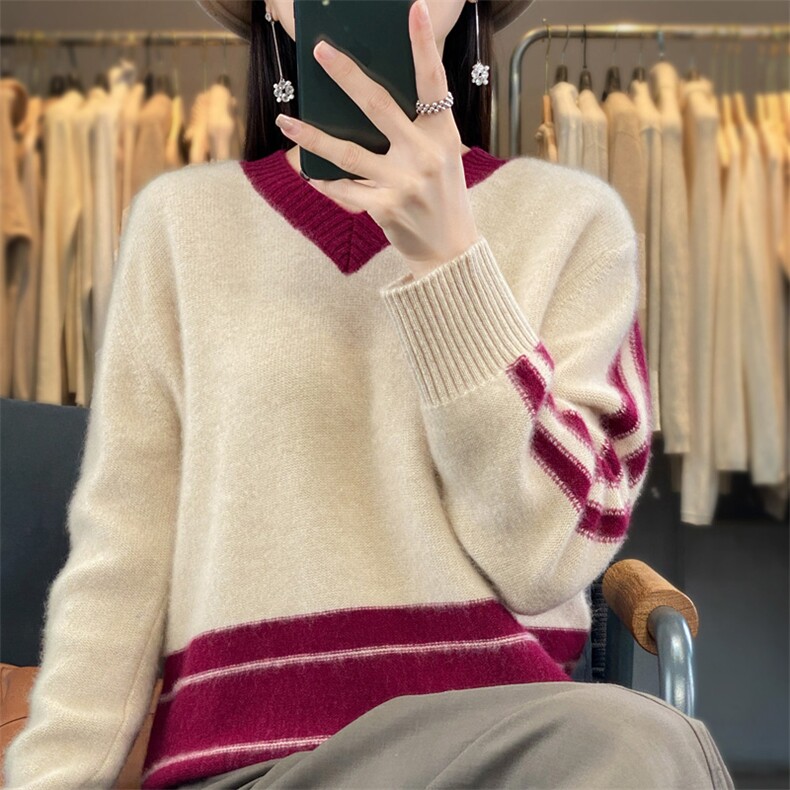 秋冬复古拼色100%纯羊毛衫女V领百搭套头针织毛衣宽松羊绒打底衫,女装羊毛衫,琳华羊绒