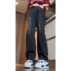 美式高街潮流INS水洗复古褶皱直筒牛仔裤B315-K23525-P65控78图片