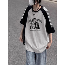夏季美式高街重磅纯棉三条杠织带插肩撞色男女短袖T恤CZ73-特P25，男装T恤，电商A486