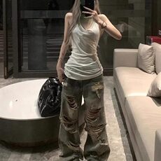 美式高街破洞牛仔裤男女2026夏新款直筒裤子宽松乞丐裤RK2988-P45，男装牛仔裤，星座412-3