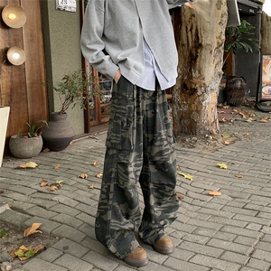 美式高街复古多口袋迷彩工装裤男女潮牌街头直筒堆积感长裤子图片