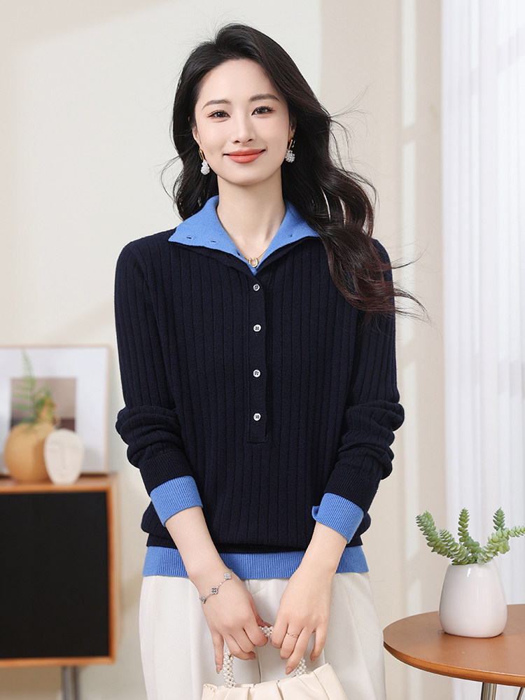 现货bao现货2025春秋双层领毛衣女士套头长袖纯羊毛打底针织衬衫,商品下架区,韩然一族