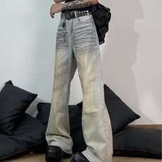 美式高街脏染白猫须拼接设计牛仔裤男女宽松直筒小众高级长裤网图，男装牛仔裤，星座302B