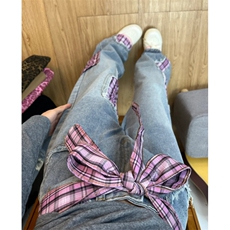 网红款格子腰带破坏拼接牛仔裤男P62YW9174，男装牛仔裤，星座1112-1