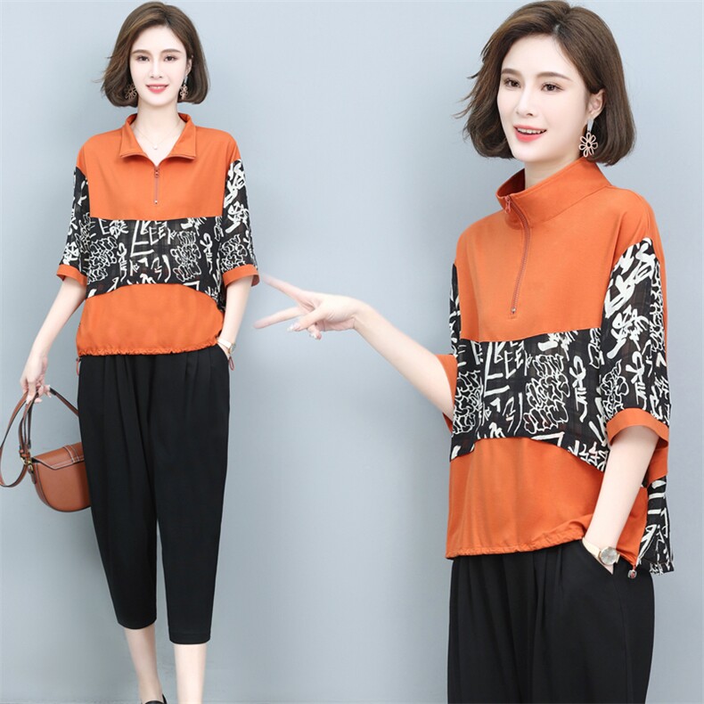 (新品)2025年夏季拼接两件套天丝中老年妈装宽松休闲装三年不下架，女装套装/套裙，璐依舞
