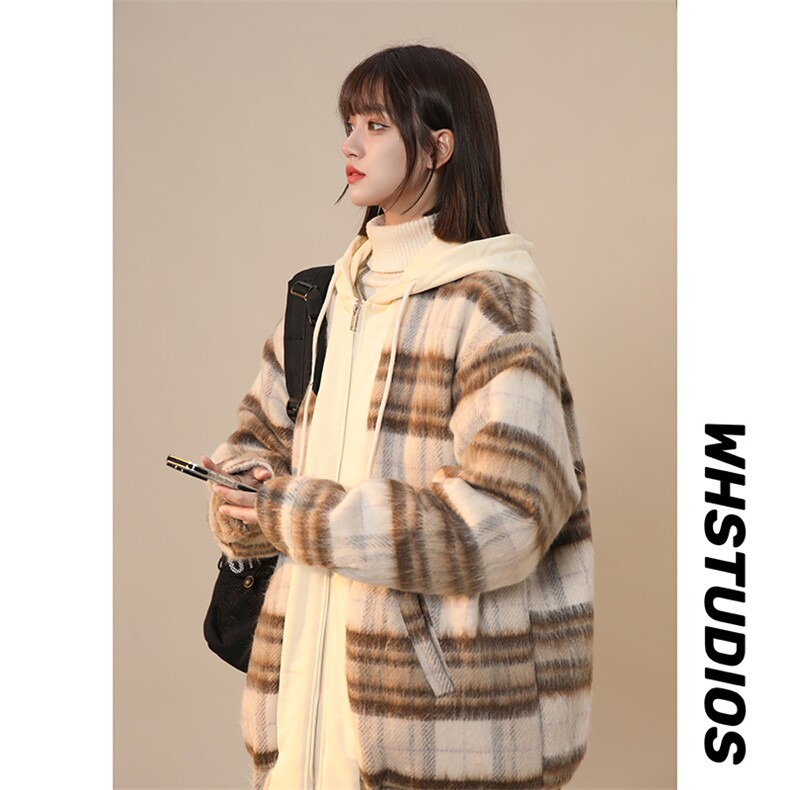 冬季新款毛呢棉衣加绒加厚保暖格子外套中性风 225-2-20909-P135图片