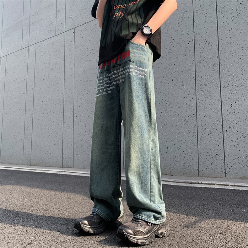 夏季新款字母印花牛仔裤男复古美式潮牌宽松阔腿裤,男装牛仔裤,星座410-6（原星座1304-1）