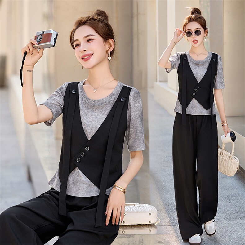 设计感假两件上衣阔腿裤套装女2025年夏季新款洋气减龄显瘦两件套，女装套装/套裙，秀美人生
