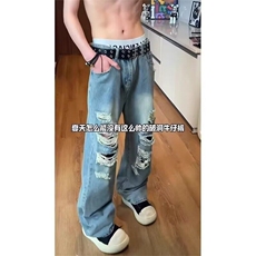 潮破洞牛仔裤男痞帅宽松休闲百搭阔腿长裤男牛仔裤网图NK4125-p45，男装牛仔裤，星座302B-3