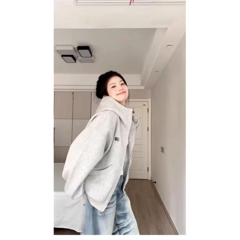 灰色连帽卫衣短外套女春秋2025新款早秋季穿搭巨好看韩系上衣,女装短外套,星座506A