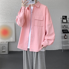 衬衫男秋季新款港风宽松大码立体口袋纯棉条纹长袖衬衣CS3099-P42，男装衬衫，星座214-3