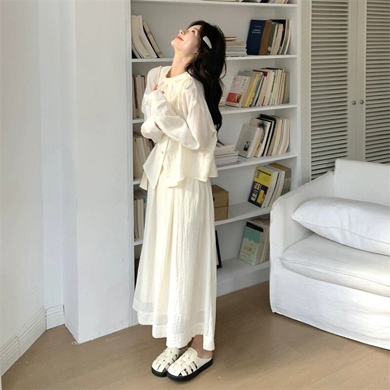 白色衬衫半身裙套装韩系chic别致两件套女秋,女装连衣裙,红龙果