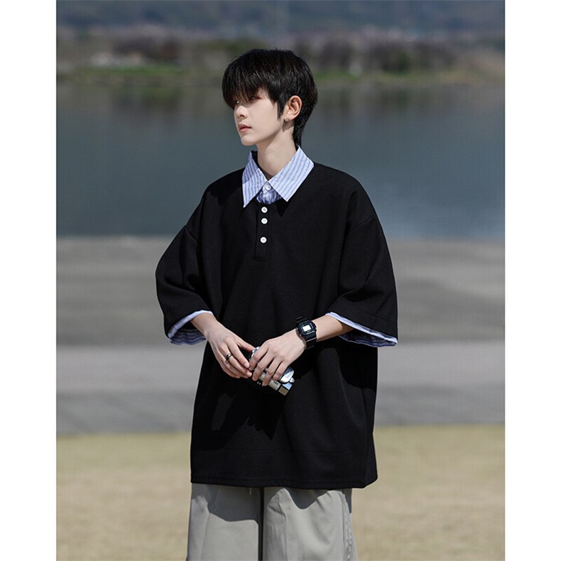 8XL-M假两件衬衫领短袖T恤大码夏季条纹拼接polo衫半袖DX1211/P45,男装T恤,电商B238