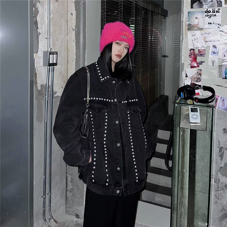 春秋季ins黑色牛仔铆钉夹克新款男女宽松潮流休闲百搭外套上衣服，男装工装外套，星座1210-1