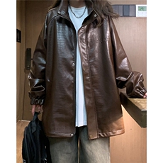 大码pu皮衣夹克钢印美式女复古oversize显瘦设计感情侣机车外套秋，女装皮衣，星座226-2