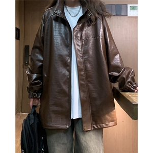 大码pu皮衣夹克钢印美式女复古oversize显瘦设计感情侣机车外套秋图片