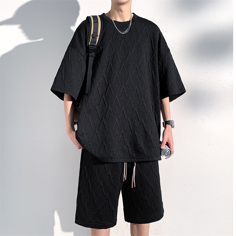 图案已注册特批P50无差价夏季高级感美式五分套装男T2002+DK2106，男装休闲套装，电商A001