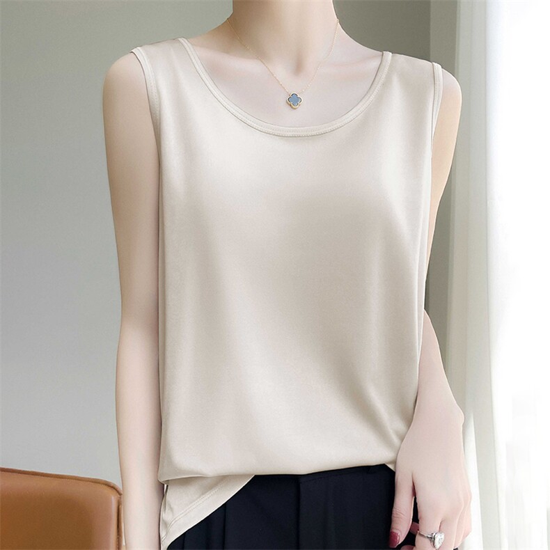 真丝吊带小背心女外穿宽松西装内搭打底无袖圆领宽带上衣醋酸缎面，女装背心吊带，臻维羊绒