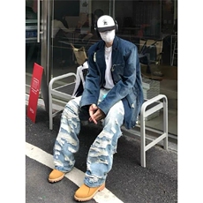 2025美式复古做旧拼接破洞牛仔裤男女高街宽松cleanfit休闲直筒裤，男装牛仔裤，星座506A