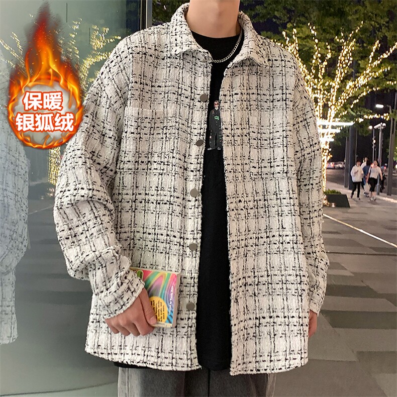 宽松加绒加厚夹克男时尚千鸟格翻领长袖外套J25025J加绒-P80控118,男装夹克,电商A001