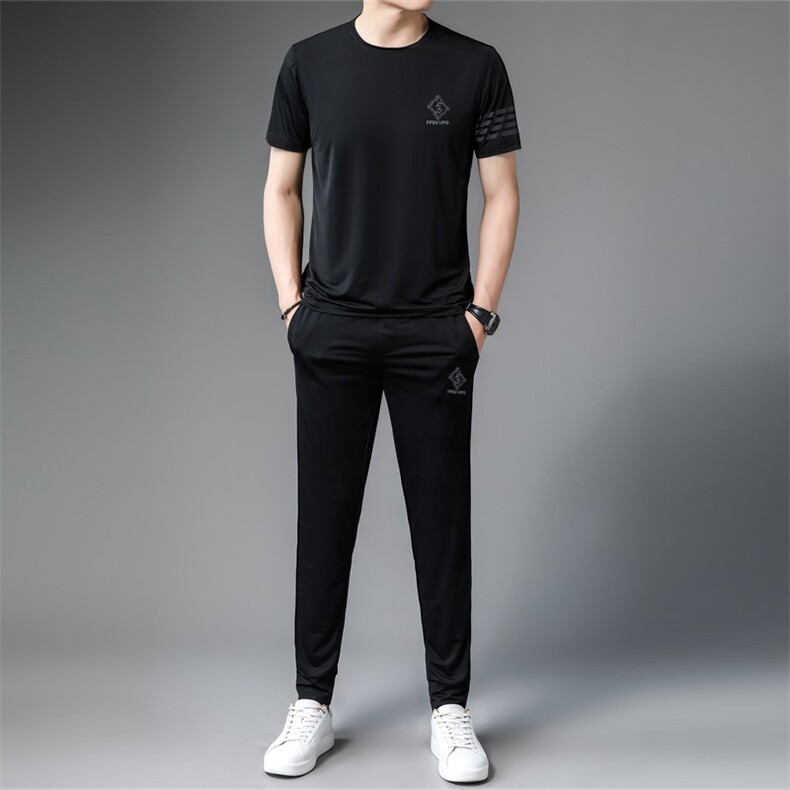 男士短袖冰丝套装2023新款宽松免烫衣服搭配休闲运动t恤长裤男装，男装休闲套装，电商B212（原钱塘6029）