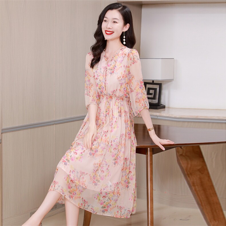 真丝连衣裙2025夏季新款大码女装衣服桑蚕丝高端精致气质碎花裙子,女装连衣裙,阿舍尔精品