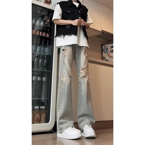 男士破洞薄款牛仔裤男款2025新款美式宽松直筒微喇裤子 NK6619图片