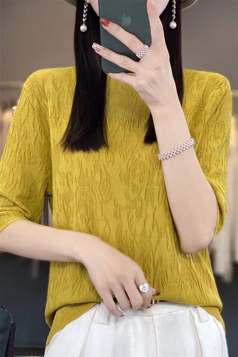 夏季新品100羊毛衫半高领五分袖针织衫女圆领短款羊绒衫打底衫潮,针织衫/毛衣,萱芳婷羊绒