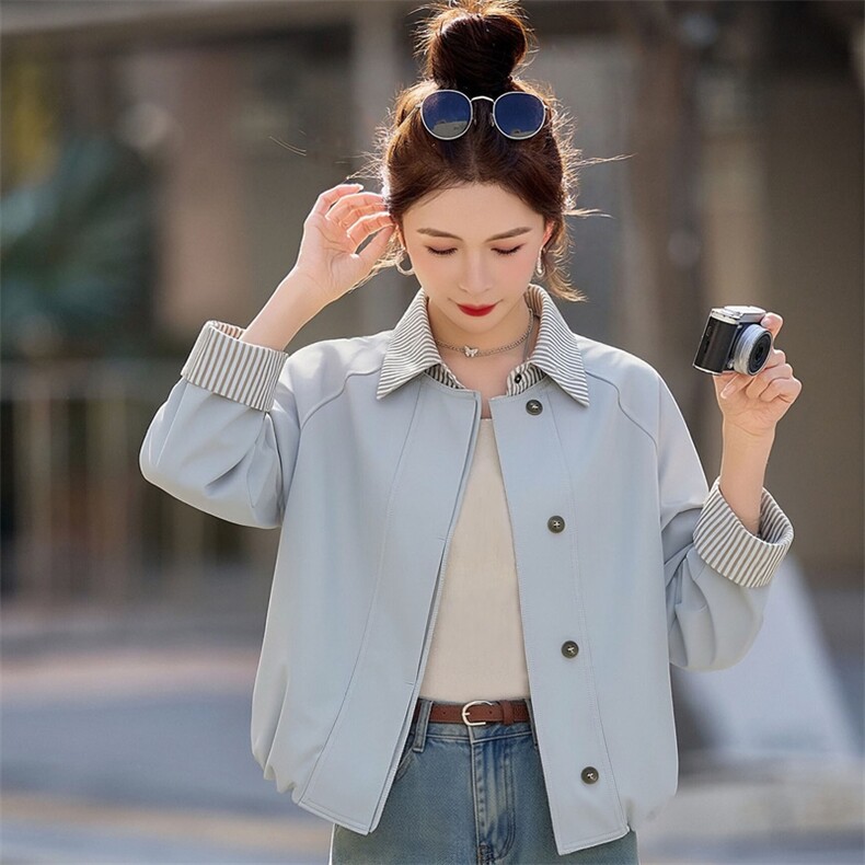 （现货）假两件条纹拼接翻领外套女新款流行气质减龄百搭上衣,女装短外套,韩蔻秀